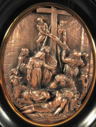 ANTIQUE FRENCH FRAMED COPPER PLAQUE OF THE DESCENT FROM THE CROSS. 2