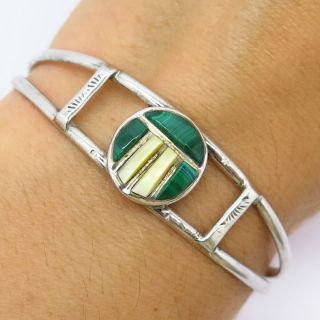 Vintage Old Pawn Sterling Silver Malachite Mother Of Pearl Tribal Cuff Bracelet