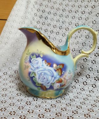 Vintage Porcelain Pitcher Blue Roses Floral Gold Edges -