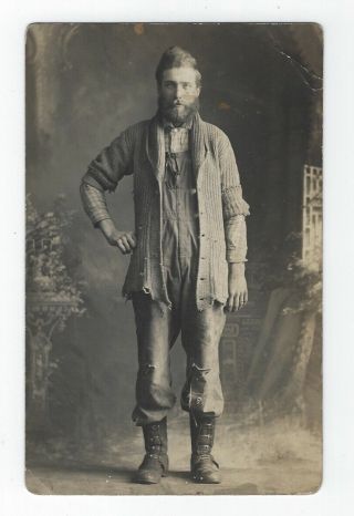 Vintage Real Photo Postcard - Tall Laborer Worker Man - Tattered Clothes - Overalls