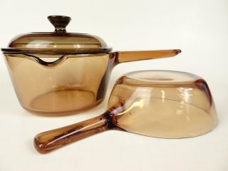 Vintage Corning Ware Visions Amber 1 L Sauce Pan With Lid & 1/2 L Pan