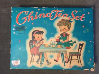 Antique Childs Blue Willow China Tea Set 17pc Box Made In Japan