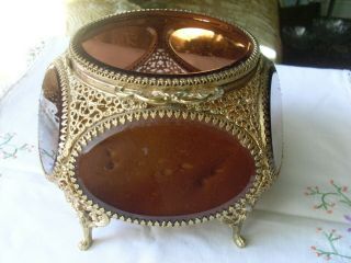 Antique,  Vintage Ormolu Jewelry Box Casket Unusual Shape Amber Glass Large Size