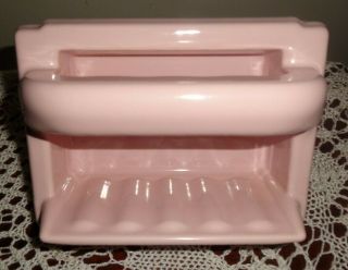 Vtg Mid Century Pink Porcelain Ceramic Recessed Soap Dish Wall Mount W Grab Bar