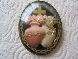 Antique Ex Voto Off The Sacred Heart Under Domed Glass/ French Reliquary