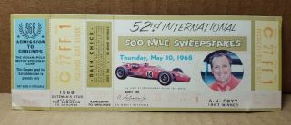 Vintage 1968 Indianapolis 500 Ticket - Aj Foyt (d - 1)