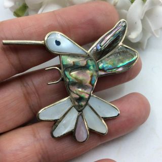 Vintage Jewellery Signed Alpaca Mexico Abalone Shell Silver Tone Bird Brooch Pin