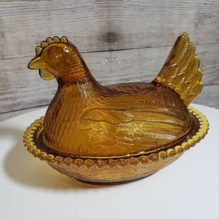 Vintage Dark Amber/root Beer Indiana Glass Chicken Hen On Nest Tureen/candy Dish