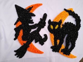 Halloween Popcorn Black Cat & Black Witch Moon Decor Vintage Large 20 Inches