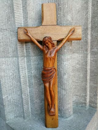 Antique Vintage Carved Wood Cross Crucifix Carved Wood Jesus Christ Copus Wall