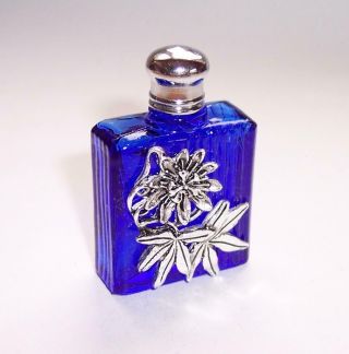 Vintage Cobalt Blue Glass Miniature Perfume Bottle Silver Plated Flower