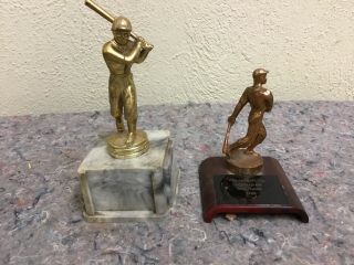 Two Vintage Baseball Trophies - Metal Figures - Smaller Has Bakelite Base