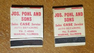 2 Vintage Case Tractor Sales & Service Matchbooks,  Pohl & Sons,  Marine,  Il