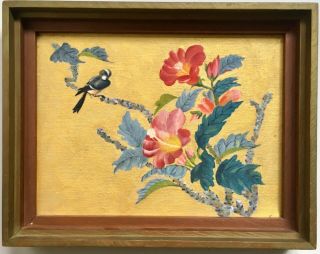 Vintage Mid Century Modern 60s/70s Asian Gold Oil Painting Bird Flowers