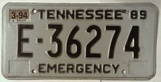 Tennessee Tn License Plate Tag Emergency E - 36274 1989 B