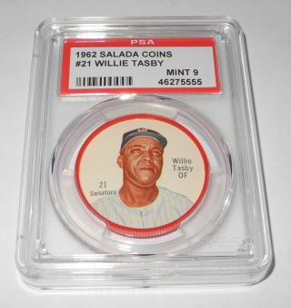 1962 Salada Baseball Coin Pin 21 Willie Tasby Washington Senators Psa 9