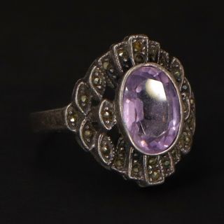 Vtg Sterling Silver - Art Deco Amethyst & Marcasite Ring Size 8.  25 - 4g