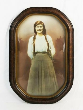 Antique Victorian Pastel Portrait Painting Woman Art Convex Wood Grain Frame