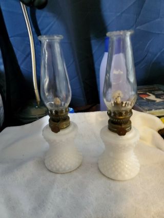 2 Vintage Milk Glass Small Oil Lamp 9 " X 3.  5 " Made In Hong Kong