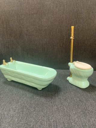 Dollhouse Miniature Antique Porcelain Bathtub & Toilet In Light Green