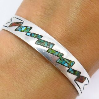 Vintage Old Pawn Sterling Silver Coral Turquoise Gem Inlay Tribal Cuff Bracelet