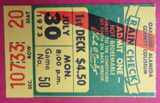 Vintage 1973 Oakland A’s Ticket Stub - Estate