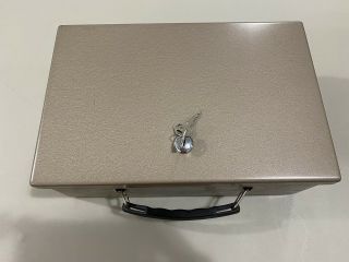Vtg.  Rockaway Tan Metal Key Operated Lock Security Fire Cash Safe Strong Box