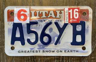 2016 Utah Motorcycle Cycle License Plate " Greatest Snow Earth” A56yb”