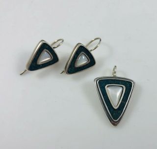 Vintage Sterling Silver & Opal & Blue Triangle Pendant & Pierced Earrings Set