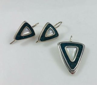 Vintage Sterling Silver & Opal & Blue Triangle Pendant & Pierced Earrings Set 2