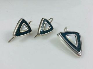 Vintage Sterling Silver & Opal & Blue Triangle Pendant & Pierced Earrings Set 3