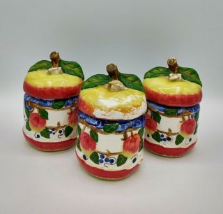 Vintage Set 3 Ceramic Hand Painted Apple Lidded Jars Canisters