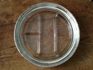 Vintage Sterling Silver & Etched Glass Round Divided Tray Flower Pattern
