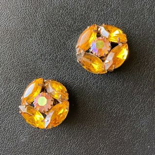 D&e Juliana Vintage Amber Glass Marquise Rhinestone Flower Clip Earrings 197