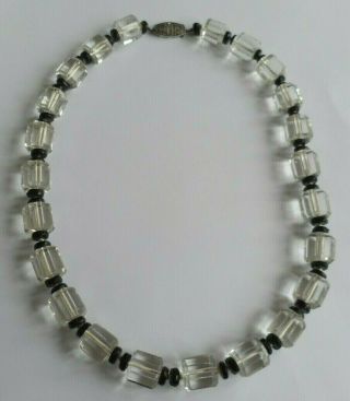Vintage Clear Glass And Black Bead Necklace,  Diamante Clasp,  Internal Clasp 9c.