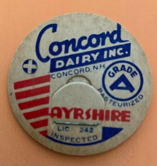 Vintage Milk Cap Concord Dairy Inc.  Grade A Concord,  N.  H.