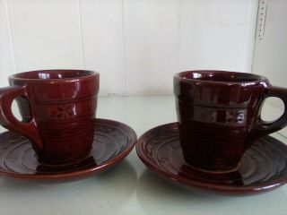 2 Vtg Marcrest Coffee Cups And Saucers Thick Brown Stoneware Daisy & Dot Pattern