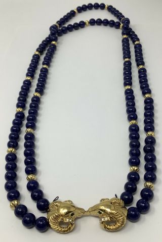 Vtg Kenneth Jay Lane For Avon Ram Heads Blue Double Strand Bead Necklace 28 " (b)