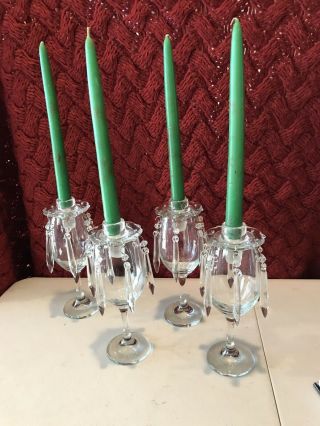 Vintage Four Glass Crystal Candle Holders With Prisms