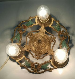 Vintage Antique 30s Art Nouveau Ceiling Light 3 Bulb Lamp Cast Iron Fixture