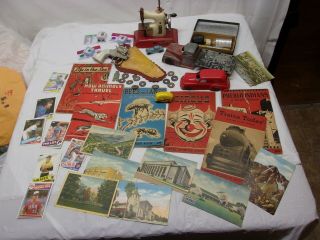 Vintage Junk Drawer:metal Toys,  Coins,  Gemstones,  Medical,  Ephemera,  Postcards L 478