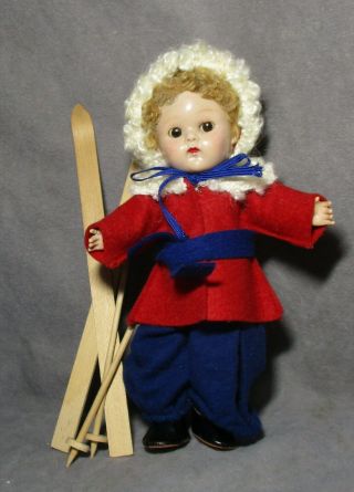 Vintage Vogue Clothes For Ginny Doll - 1952 Red & Blue Ski Outfit W/skis & Poles