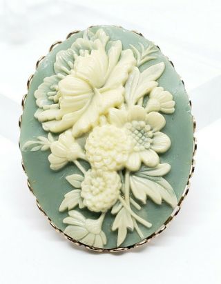 Lovely Vintage Egg Shell Blue & Cream Carved Lucite Floral Bouquet Cameo Brooch