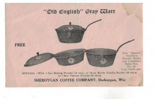 Vintage 1920s Sheboygan Coffee Co.  Advertising Card For Old English Grey Ware