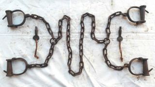 Old Vintage Antique Handcrafted Iron Long Chain 4 Lock Handcuffs,  Collectible