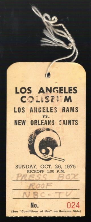 Oct 26,  1975 Los Angeles Rams Vs Orleans Saints Press Box Pass Nfl