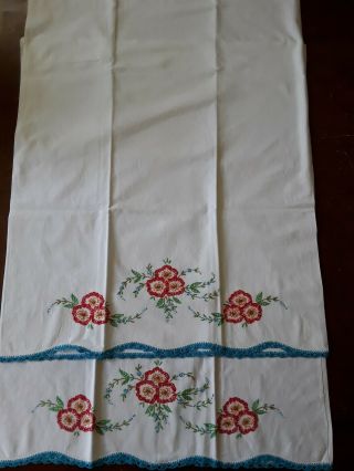 Embroidered Vintage Pillow Cases White,  With Teal Trim And Floral Embroidery Nos