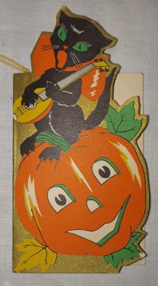 Vintage Halloween Decoration Tally Card Black Cat Jack - O - Lantern