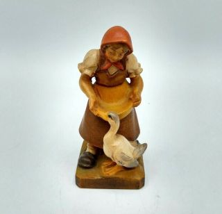 Vintage Anri Hand Painted Wooden Wood Carved Figurine Woman With Goose Italy