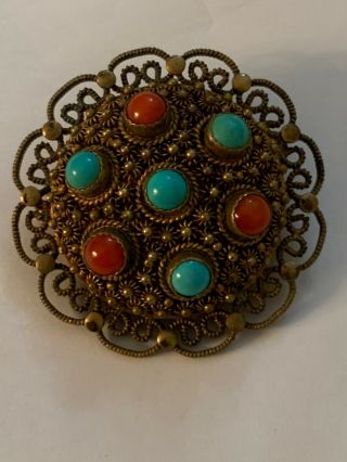 Vtg Chinese Export Silver Turquoise Coral Gold Gilt Filigree Brooch Pin Sterling